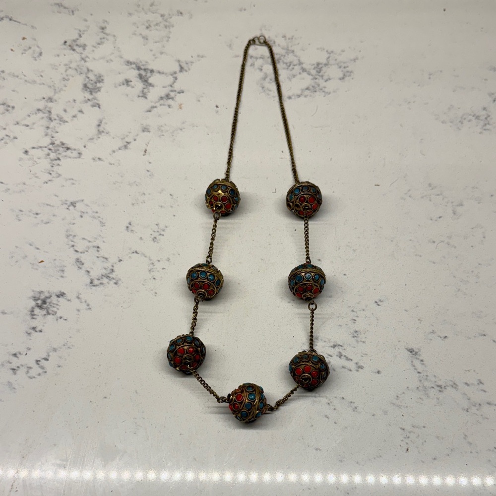 Vintage Red and Blue Beaded Necklace